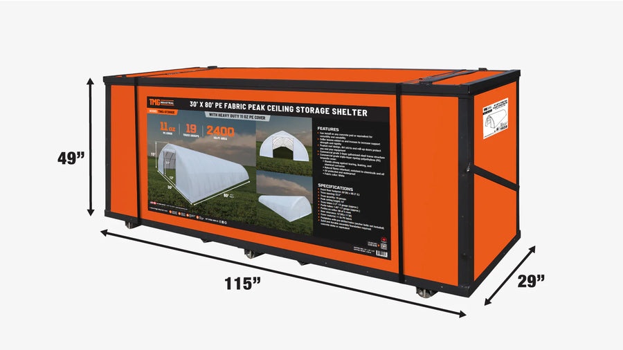 30' x 80' Peak Ceiling Storage Shelter with Heavy Duty 11 oz PE Cover & Drive Through Doors, TMG-ST3082E (Previously ST3080E)