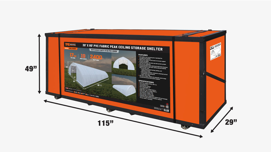 TMG Industrial TMG-ST3080V Abri de rangement pour plafond de 30 pi x 80 pi avec couverture en PVC robuste de 17 oz et portes traversantes