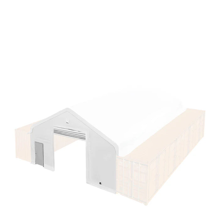 TMG Industrial Front & Back End Wall Kit, Custom Cut for TMG-ST3041CE Container Peak Roof Shelter Pro Series, Front wall with mechanical rollup door, Steel Man Door, Rear closed wall, 11 oz PE, TMG-ST30CFB8C