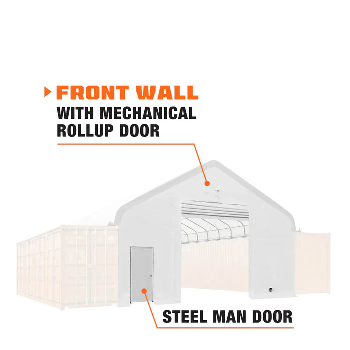 TMG Industrial Front & Back End Wall Kit, Custom Cut for TMG-ST3040C Container Peak Roof Shelter, Front wall with mechanical rollup door, Steel Man Door, Rear closed wall, 11 oz PE, TMG-ST30CFB9CE