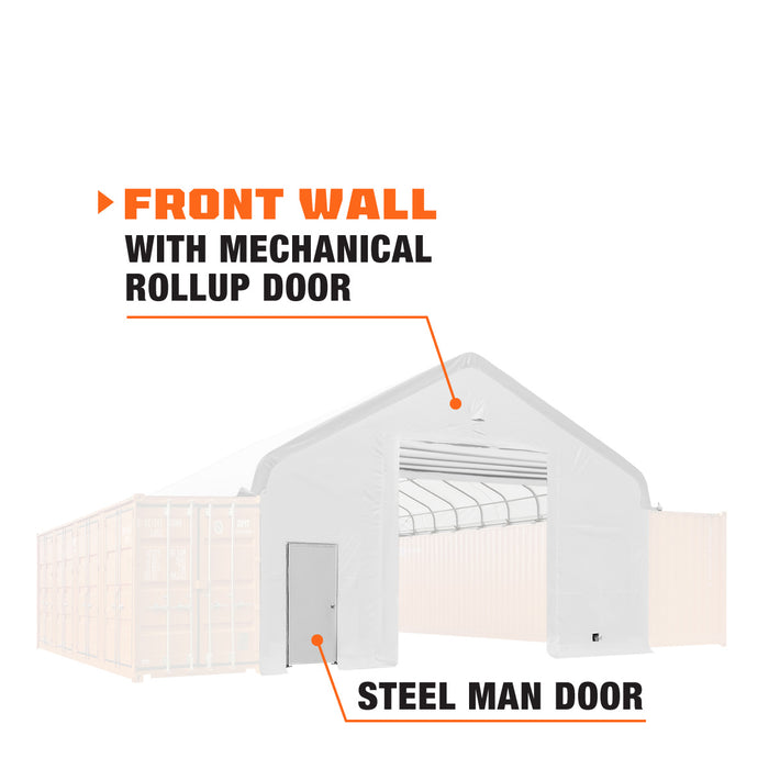 TMG Industrial Front & Back End Wall Kit, Custom Cut for TMG-ST3041CV and TMG-ST3041CE Container Peak Roof Shelter Pro Series, Front wall with mechanical rollup door, Steel Man Door, Rear closed wall, 17 oz PVC, TMG-ST30CFB