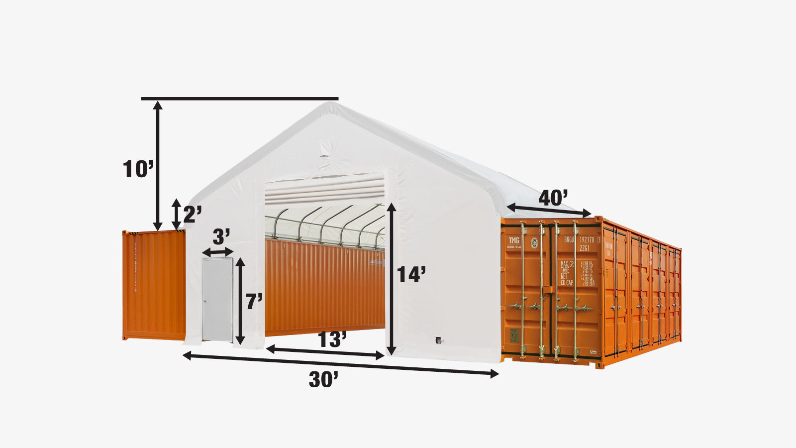 TMG Industrial Front & Back End Wall Kit, Custom Cut for TMG-ST3041CV Container Peak Roof Shelter Pro Series, Front wall with mechanical rollup door, Steel Man Door, Rear closed wall, 17 oz PVC, TMG-ST30CFB-specifications-image