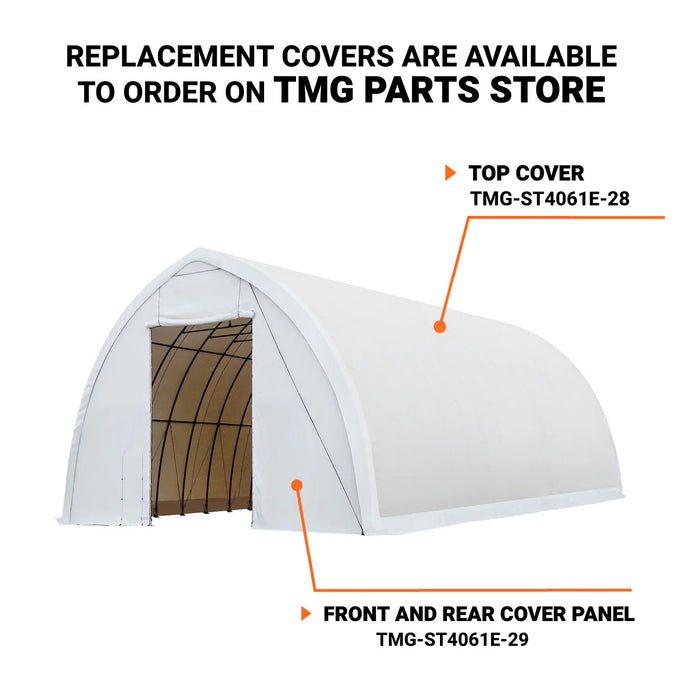 TMG-ST4061E Abri de rangement pour plafond de 40 pi x 60 pi, treillis simple, couvercle en PE de 11 oz, porte ouverte de 13 pi l x 16 pi H sur deux murs d'extrémité