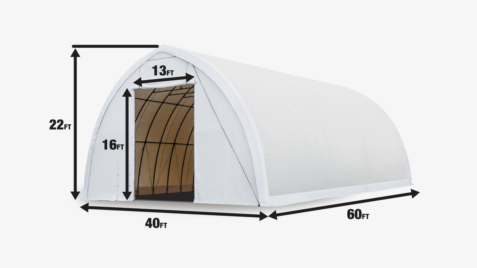 TMG-ST4061E Abri de rangement pour plafond de 40 pi x 60 pi, treillis simple, couvercle en PE de 11 oz, porte ouverte de 13 pi l x 16 pi H sur deux murs d'extrémité-specifications-image