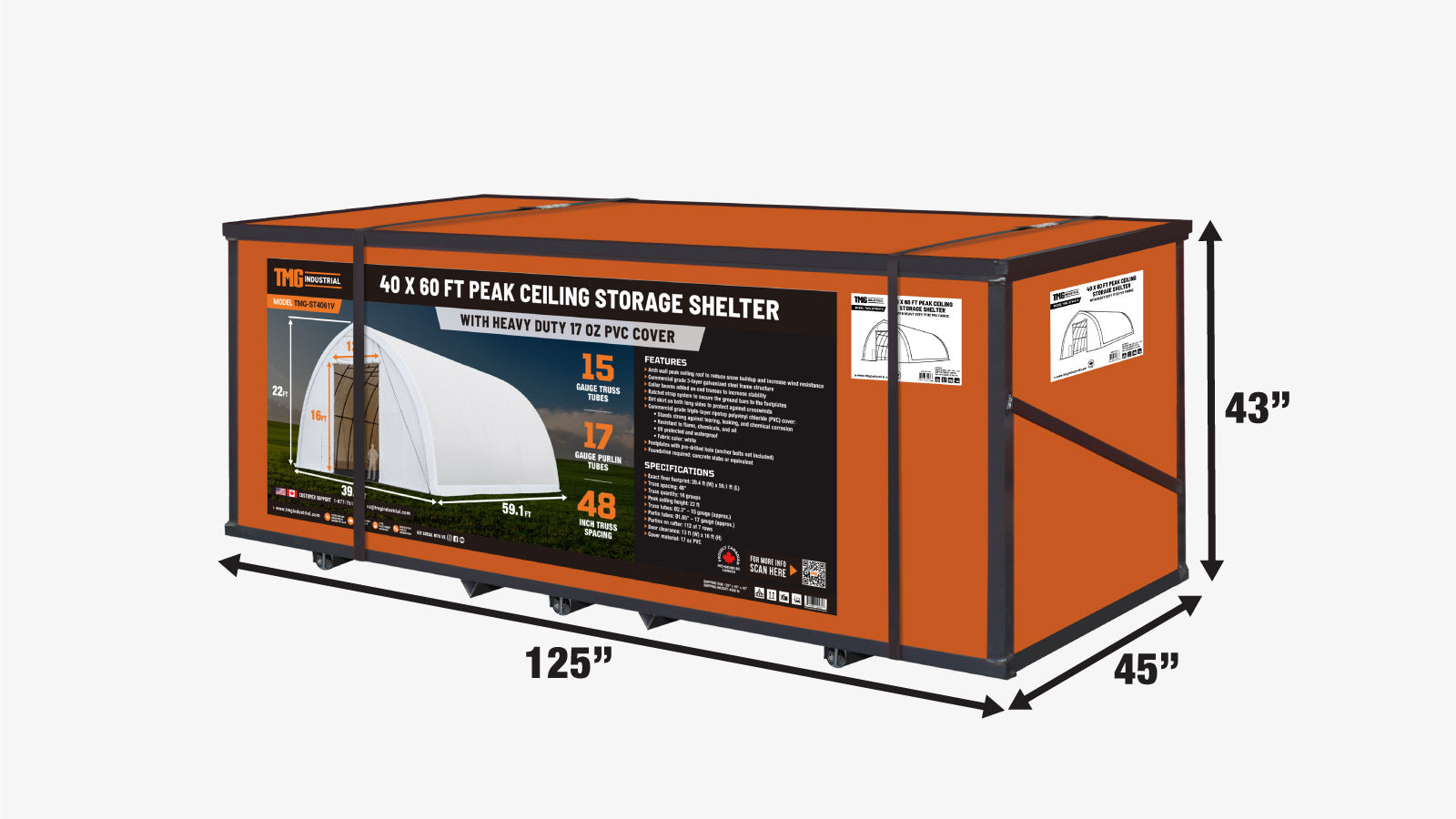 TMG-ST4061V 40' x 60' Peak Ceiling Storage Shelter, Single Truss, 17oz Commercial Grade PVC Cover, 13' W x 16' H Wide Open Door on Two End Walls-shipping-info-image