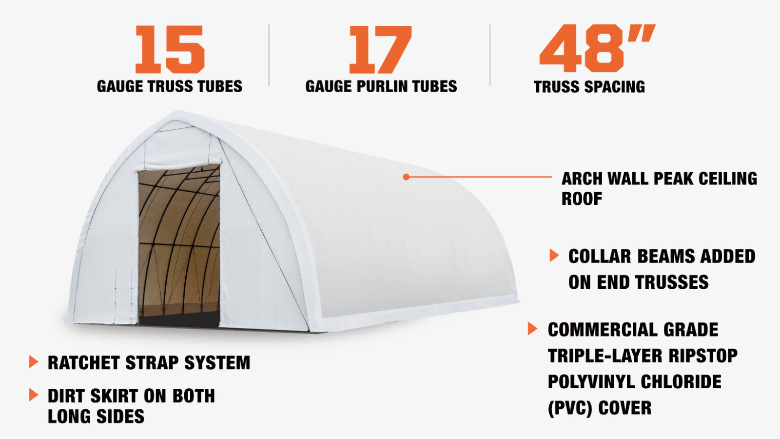 TMG-ST4061V Abri de rangement pour plafond de 40 pi x 60 pi, treillis simple, couverture en PVC de qualité commerciale de 17 oz, porte ouverte de 13 pi l x 16 pi H sur deux murs d'extrémité-description-image