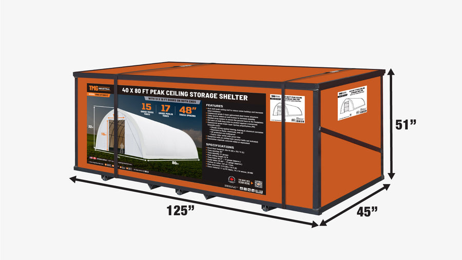 TMG-ST4081E 40' x 80' Peak Ceiling Storage Shelter, Single Truss, 11oz PE Cover, 13' W x 16' H Wide Open Door on Two End Walls (Discontinued)