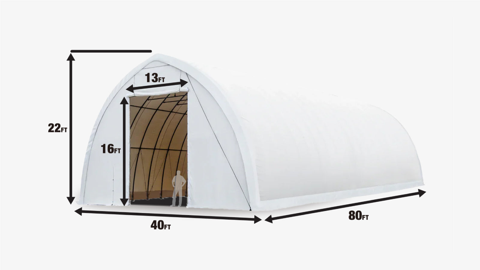 TMG-ST4081E 40' x 80' Peak Ceiling Storage Shelter, Single Truss, 11oz PE Cover, 13' W x 16' H Wide Open Door on Two End Walls-specifications-image