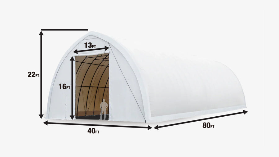 TMG-ST4081E 40' x 80' Peak Ceiling Storage Shelter, Single Truss, 11oz PE Cover, 13' W x 16' H Wide Open Door on Two End Walls (Discontinued)