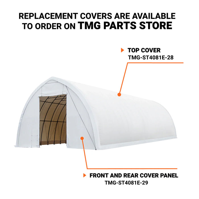 TMG-ST4081E 40' x 80' Peak Ceiling Storage Shelter, Single Truss, 11oz PE Cover, 13' W x 16' H Wide Open Door on Two End Walls