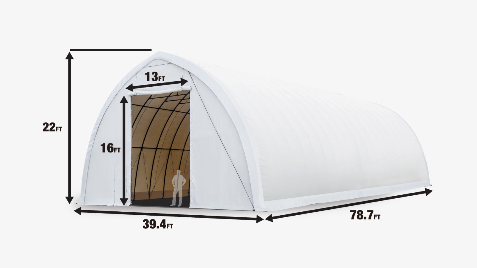 TMG-ST4081V Abri de rangement pour plafond de 40 pi x 80 pi, ferme simple, couverture en PVC de qualité commerciale de 17 oz, porte ouverte de 13 pi L x 16 pi H sur deux murs d'extrémité-specifications-image