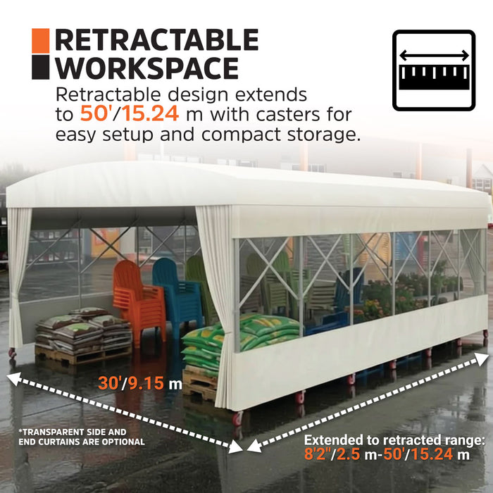 30' x 50' Retractable Mobile Shelter, 13' Clearance, 6" Nylon Casters, 17 oz PVC Cover, TMG-STM3050