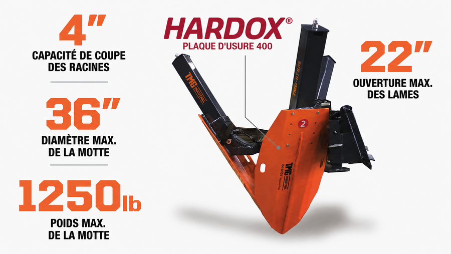 36" Skid Steer Bêche d'arbre hydraulique, capacité de coupe de 4" de diamètre, ouverture de lame de 22", lames Hardox® 400 TMG-STS35