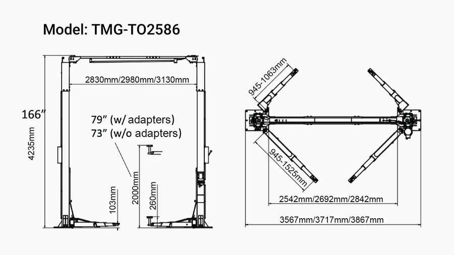 ALI Certified 10,000 lb Two-Post Overhead Auto Lift, Asymmetric/Symmetric Arms, 79" Lift Height, 166" Cross Beam TMG-TO2586 (Discontinued – No Longer Available)