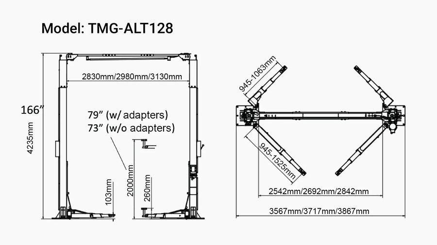 ALI Certified 10,000 lb Two-Post Overhead Auto Lift, Asymmetric/Symmetric Arms, 79" Lift Height, 166" Cross Beam, TMG-ALT128