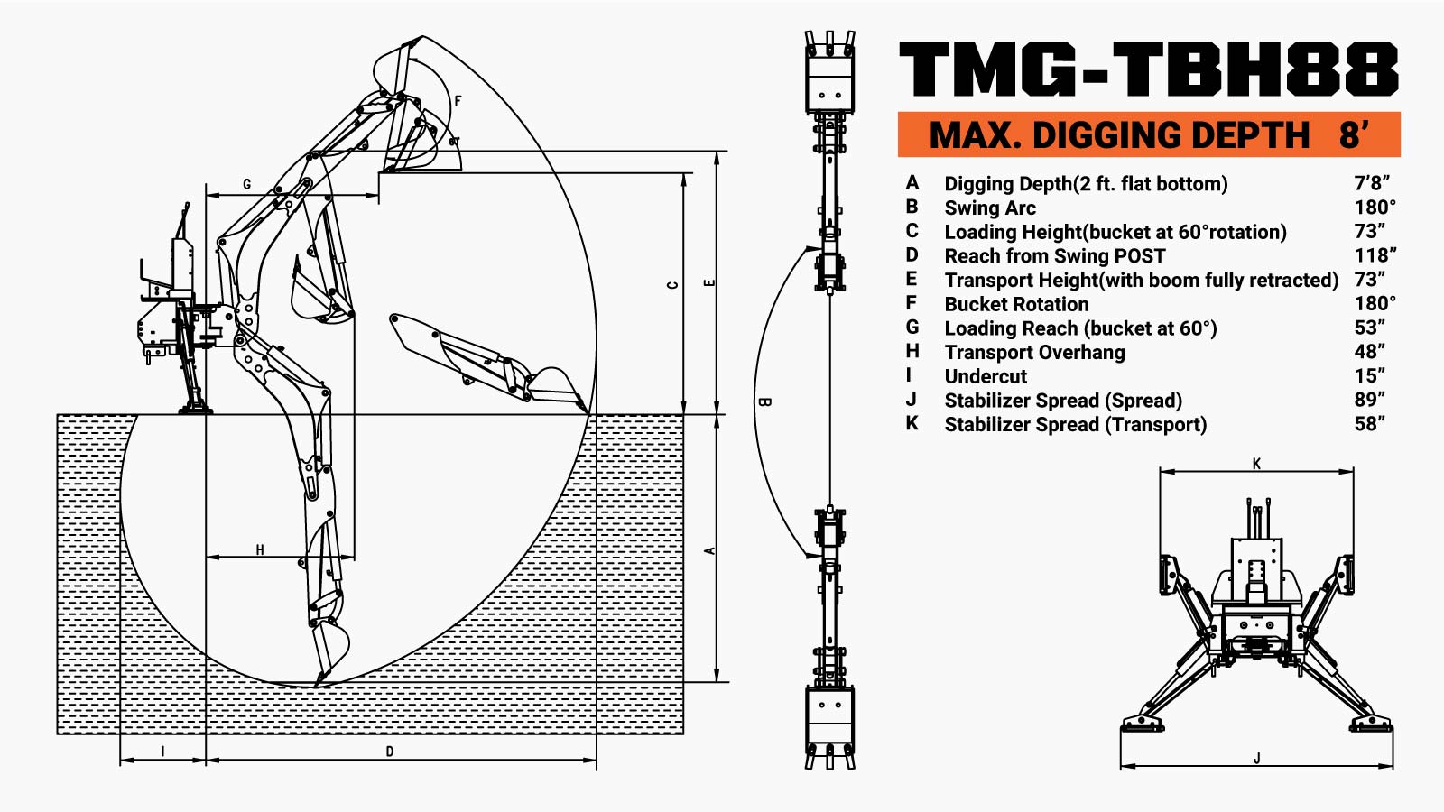 TMG Industrial 8-ft Tractor Swing Backhoe Attachment, Category 1 Hookup, 180° Boom and Bucket Rotation, 12” Bucket Included, TMG-TBH88-specifications-image