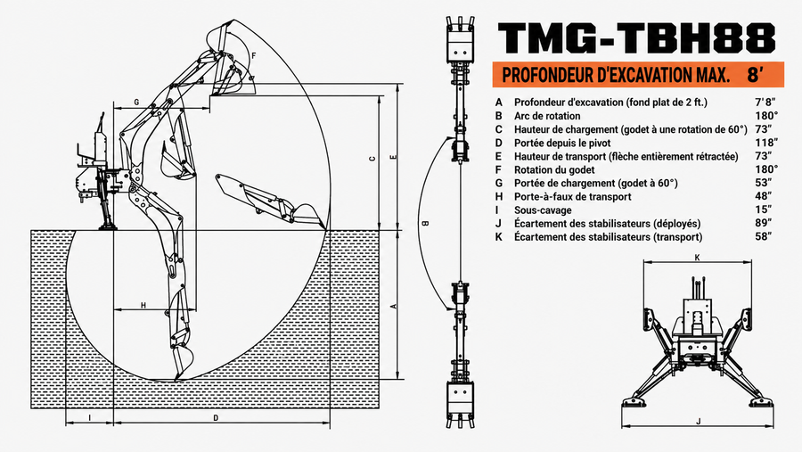 Rétrocaveuse tracteur pivotante 8 pieds, rotation du bras et du godet à 180°, godet de 12 pouces inclus TMG-TBH88