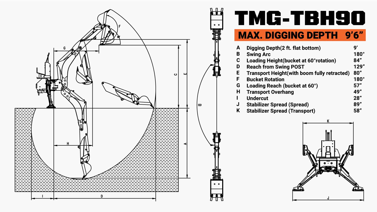 TMG Industrial 9-ft Tractor Swing Backhoe Attachment, Category 1 & 2, 180° Boom and Bucket Rotation, 15” Bucket Included, TMG-TBH90-specifications-image
