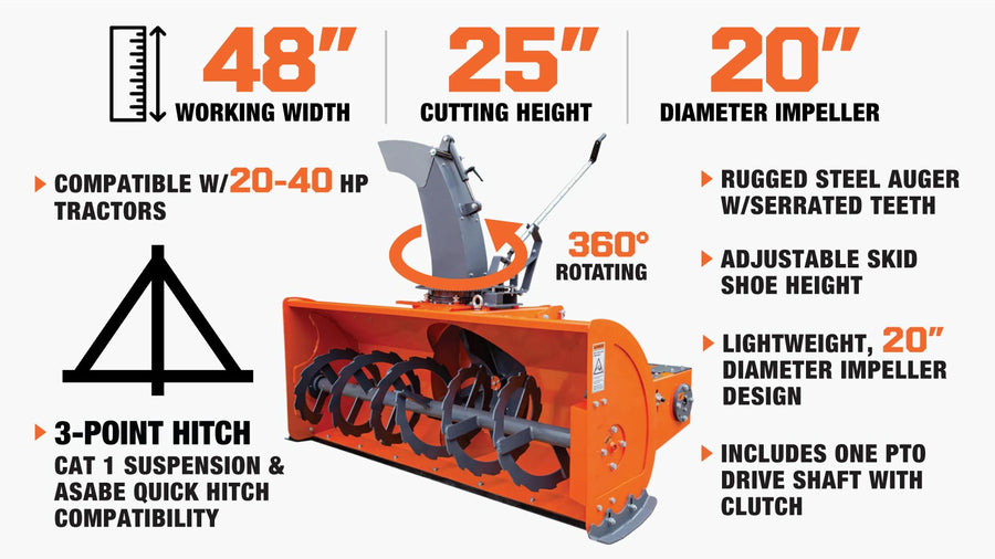 48" 3-Point Hitch Snow Blower, 20-40 HP, 20" Diameter Impeller, 360° Snow Chute, CAT 1 Suspension, TMG-TBS48