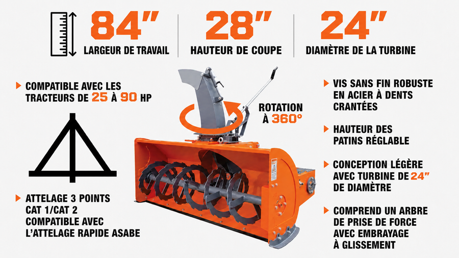 Souffleuse à neige, attelage 3 points, 84 po, 25 à 90 HP, turbine de 24 po de diamètre, goulotte d'éjection à 360°, suspension CAT 1 et CAT 2, TMG-TBS84