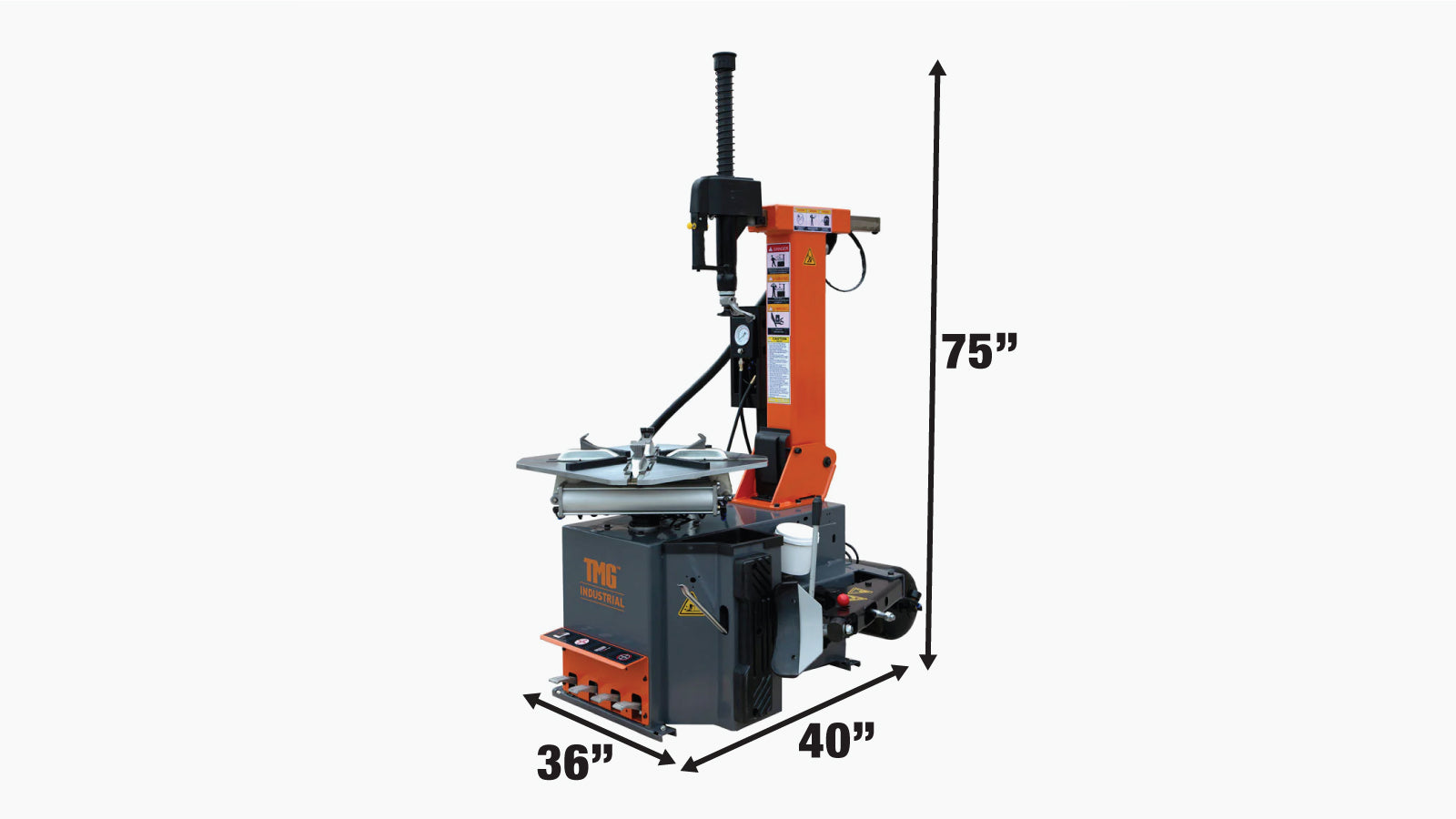 TMG Industrial Tilt-Back Semi-Automatic Tire Changer, Bead Blaster & Air Tank, 14”-28” Rim Clamping, Step Pedal Control, 2 HP Motor, CETL Certified For Canada/USA, TMG-TC28-specifications-image