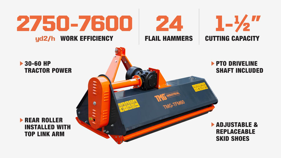 60" Heavy Duty Flail Mower with Forged Hammers for Tractors 30–60HP, PTO Shaft, TMG-TFM60