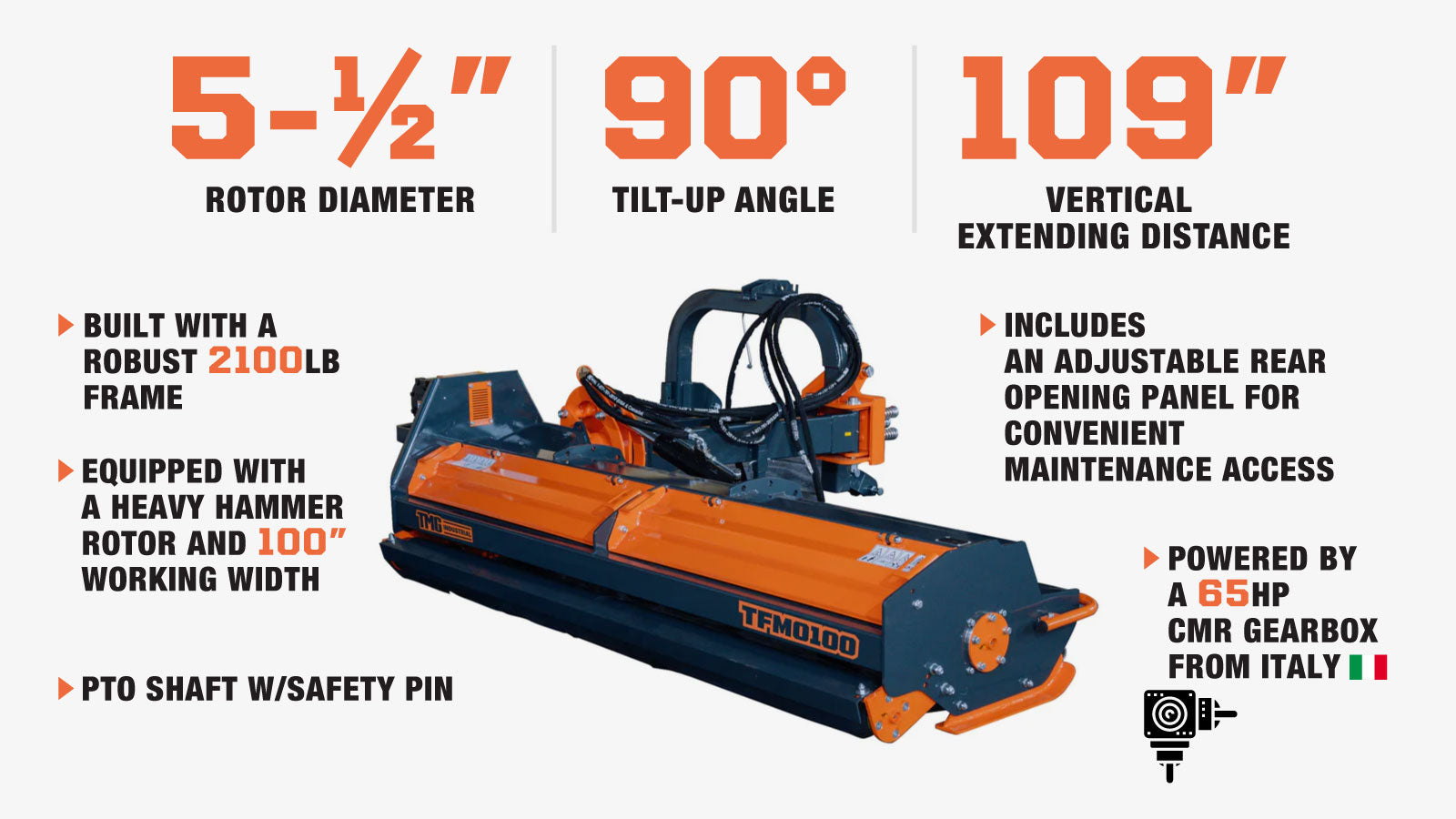 TMG Industrial 100” Offset Ditch Bank Verge Flail Mower with 90° Tilt, Italian Gearbox, 50-90 HP, TMG-TFMO100-description-image