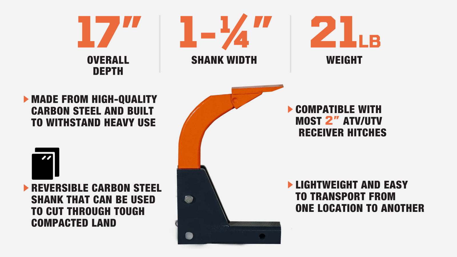 TMG Industrial Single-Tine Hitch Mounted Ripper, ATV/UTV, Compatible w/2” Hitch Receivers, Use w/CAT 0 & CAT 1 Tractors, 4 Adjustable Hole Settings, Reversible Carbon Steel Shank, TMG-THM02-description-image