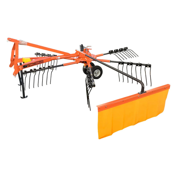 Andaineur-faneuse de 118 po, 24 dents à ressort, attelage 3 points de catégorie 1, cardan inclus, tracteur de 25-50 HP, TMG-THR120