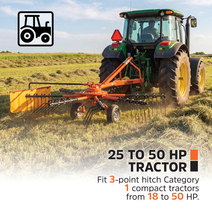118" Hay Rake & Tedder, 24 Spring Tines, 3-Point Hitch Category 1, PTO Shaft Included, 25-50 HP Tractor, TMG-THR120