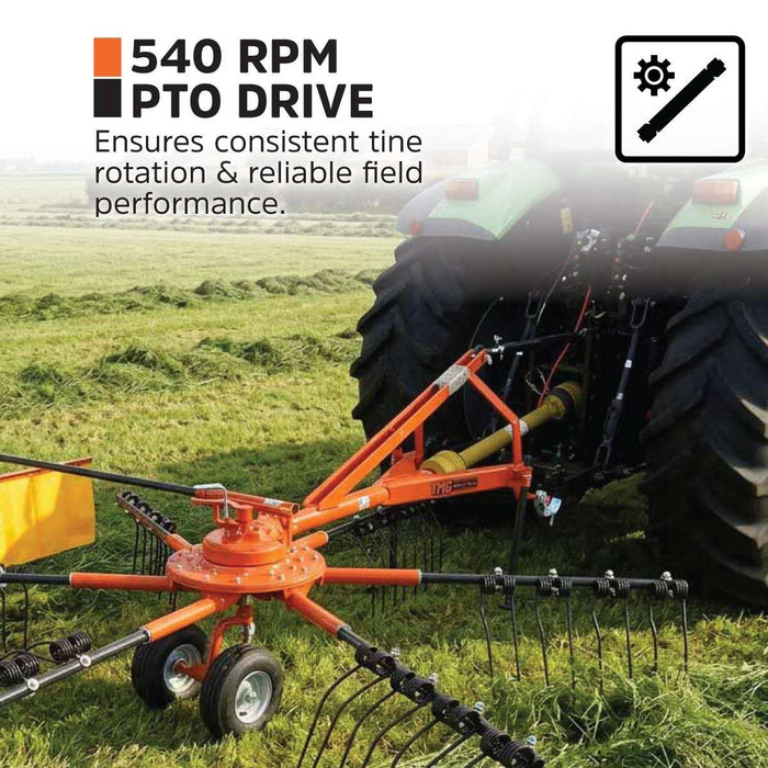 118" Hay Rake & Tedder, 24 Spring Tines, 3-Point Hitch Category 1, PTO Shaft Included, 25-50 HP Tractor, TMG-THR120