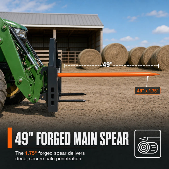 Lance-pic de 49 po et stabilisateurs, accessoire pour cadre à foin, capacité de charge de 3000 lb, attache Euro Global / Euro John Deere, TMG-THS49GEJD