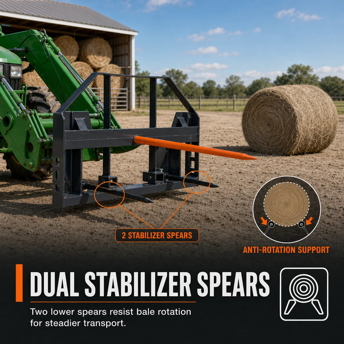 Lance-pic de 49 po et stabilisateurs, accessoire pour cadre à foin, capacité de charge de 3000 lb, attache Euro Global / Euro John Deere, TMG-THS49GEJD