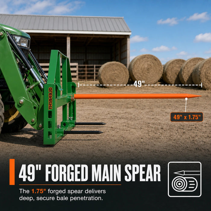 49" Hay Spear and Stabilizer, Hay Frame Attachment, 3000 lb Load Capacity, John Deere Hook & Pin Mount, TMG-THS49JD