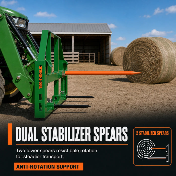 49" Hay Spear and Stabilizer, Hay Frame Attachment, 3000 lb Load Capacity, John Deere Hook & Pin Mount, TMG-THS49JD