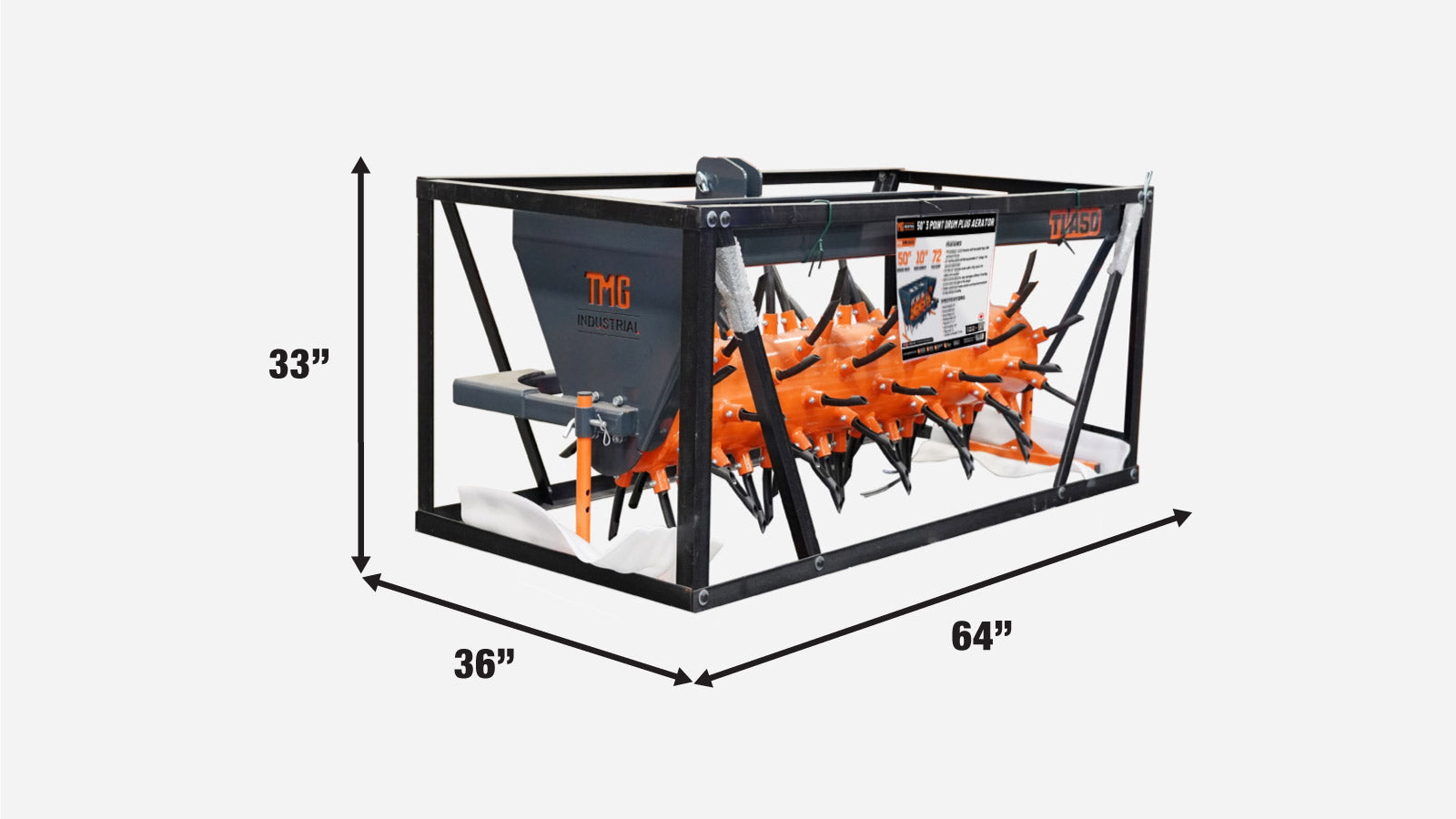 TMG Industrial 3 Point Hitch Drum Plug Aerator, 50” Working Width, Cat 1 & Cat 2 Tractors, 5” Plug Length, TMG-TLA50-shipping-info-image