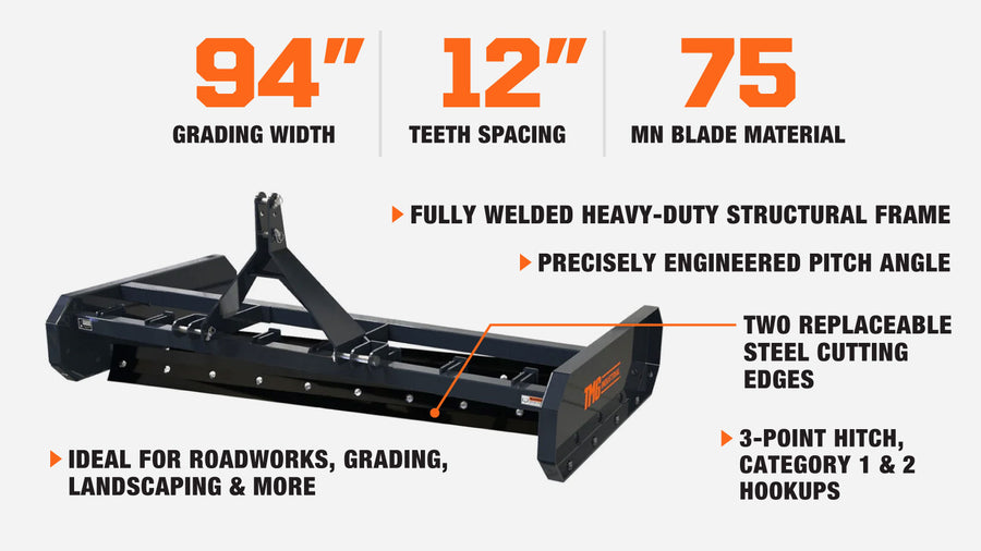96" Tractor Land Leveler, 3-Point Hitch, 94" Grading Width, Double Edge Blades, Category 1 & 2 TMG-TLL96