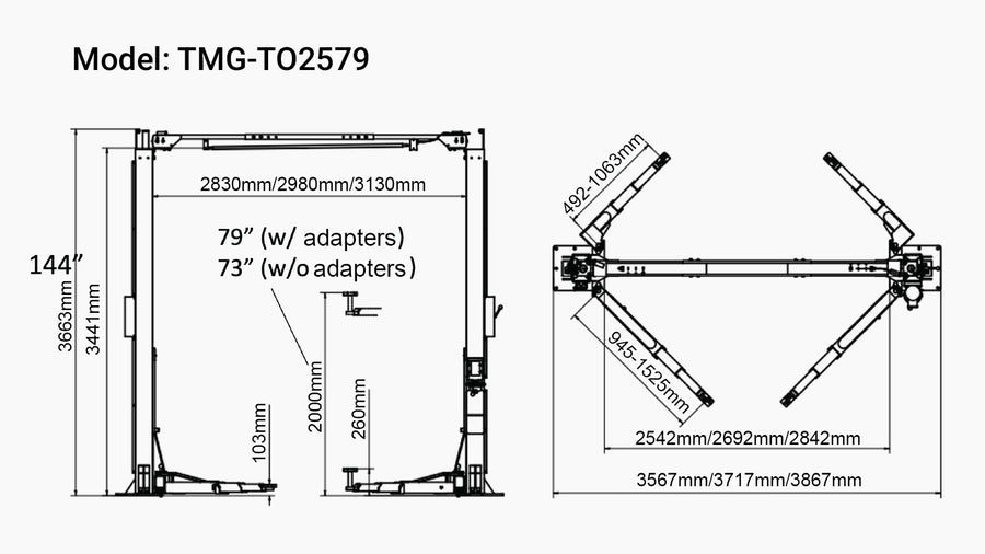ALI Certified 10,000 lb Two-Post Overhead Auto Lift, Asymmetric/Symmetric Arms, 79" Lift Height, 144" Cross Beam TMG-TO2579