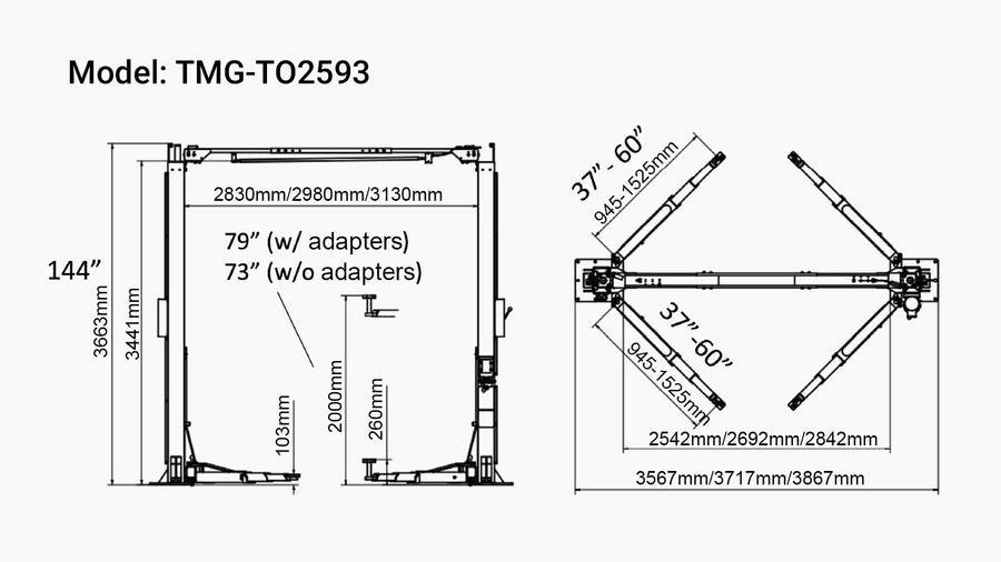 ALI Certified 10,000 lb Two-Post Overhead Auto Lift, Symmetric Arms, 79" Lift Height, 144" Cross Beam TMG-TO2593 (Discontinued, No Longer Available)