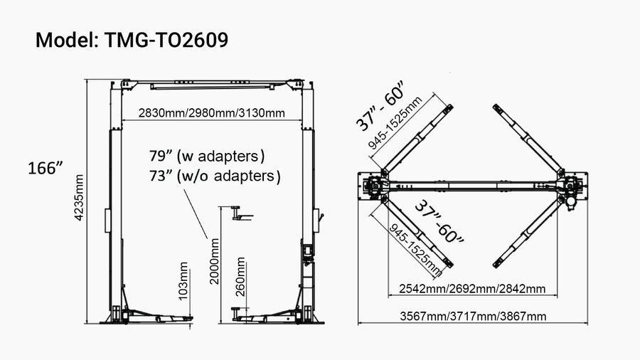 ALI Certified 10,000 lb Two-Post Overhead Auto Lift, Symmetric Arms, 79" Lift Height, 166" Cross Beam TMG-TO2609 (Discontinued – No Longer Available)