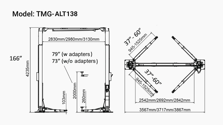 Pont élévateur automobile à deux colonnes TMG-ALT138 certifié ALI, 4 536 kg, bras symétriques, hauteur de levage de 190 cm, poutre transversale de 422 cm