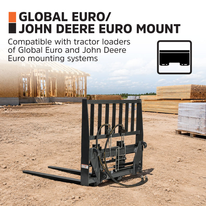 48" Pallet Fork with Hydraulic Side Shift for Tractor Loader, Global Euro / John Deere Euro Mount, Class II Forks, 4,200 lbs Capacity, TMG-TPF48GEJDS