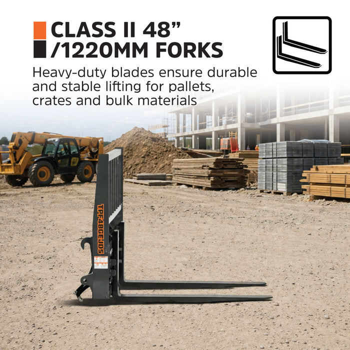 48" Pallet Fork with Hydraulic Side Shift for Tractor Loader, Global Euro / John Deere Euro Mount, Class II Forks, 4,200 lbs Capacity, TMG-TPF48GEJDS
