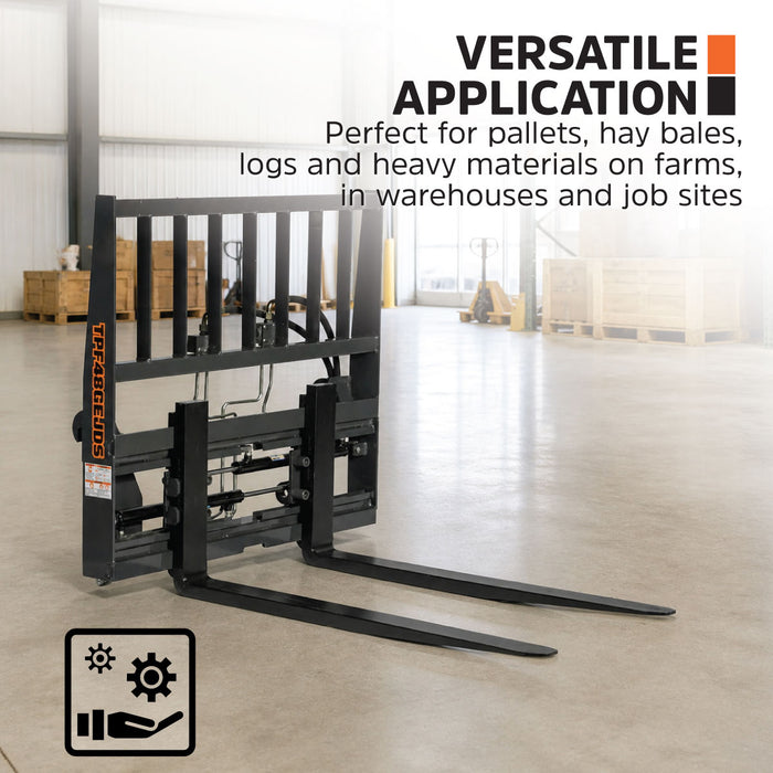 48" Pallet Fork with Hydraulic Side Shift for Tractor Loader, Global Euro / John Deere Euro Mount, Class II Forks, 4,200 lbs Capacity, TMG-TPF48GEJDS