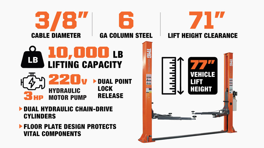 Two-Post Auto Lift, 10,000 lb Capacity with Floor Plate & Dual Lock for Shop & Garage TMG-TPL45