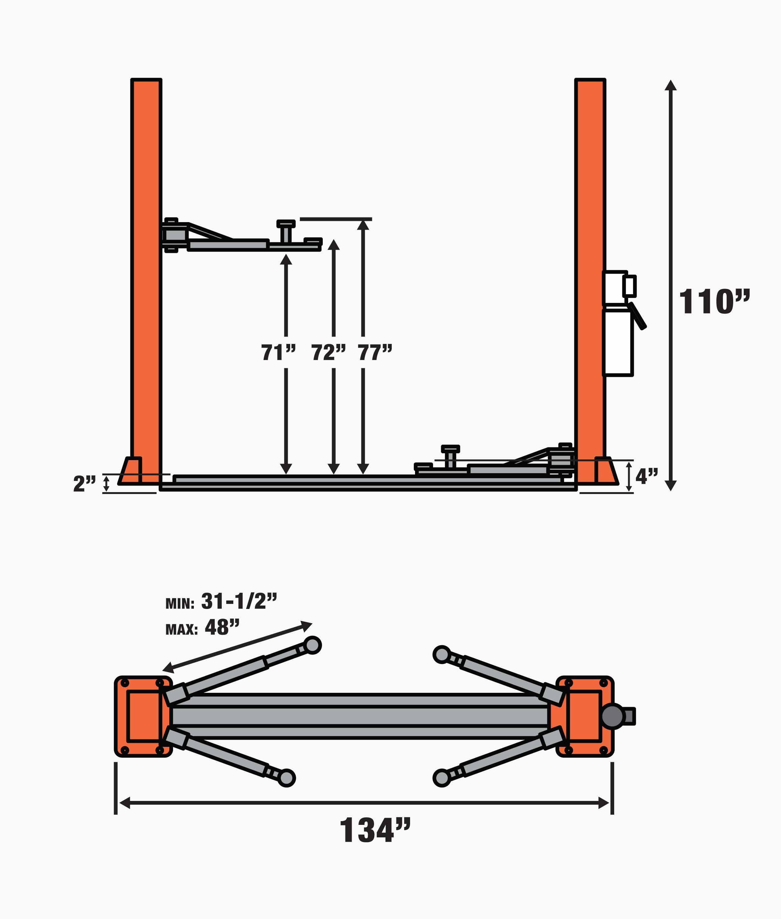 TMG Industrial 10 000 lb Plaque de plancher à deux montants, bras symétriques, hauteur de levage de 77 po, déverrouillage à double point, TMG-TPL45-specifications-image