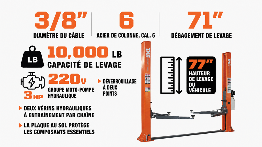 Pont élévateur automobile à deux colonnes, capacité de 10 000 lb, plaque au sol et double verrouillage, pour atelier et garage, TMG-TPL45