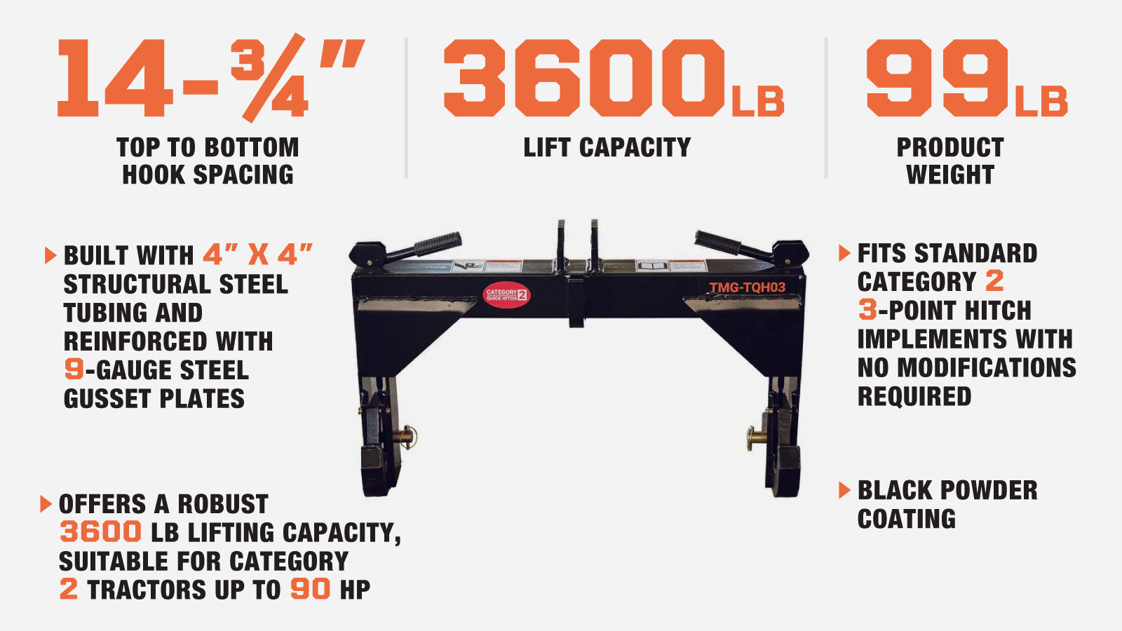 TMG Industrial Tractor 3-Point Quick Hitch, 3600 Lb Capacity, CAT 2 Hook-Up, 90 HP Tractor, ASAE Specifications, TMG-TQH03-description-image