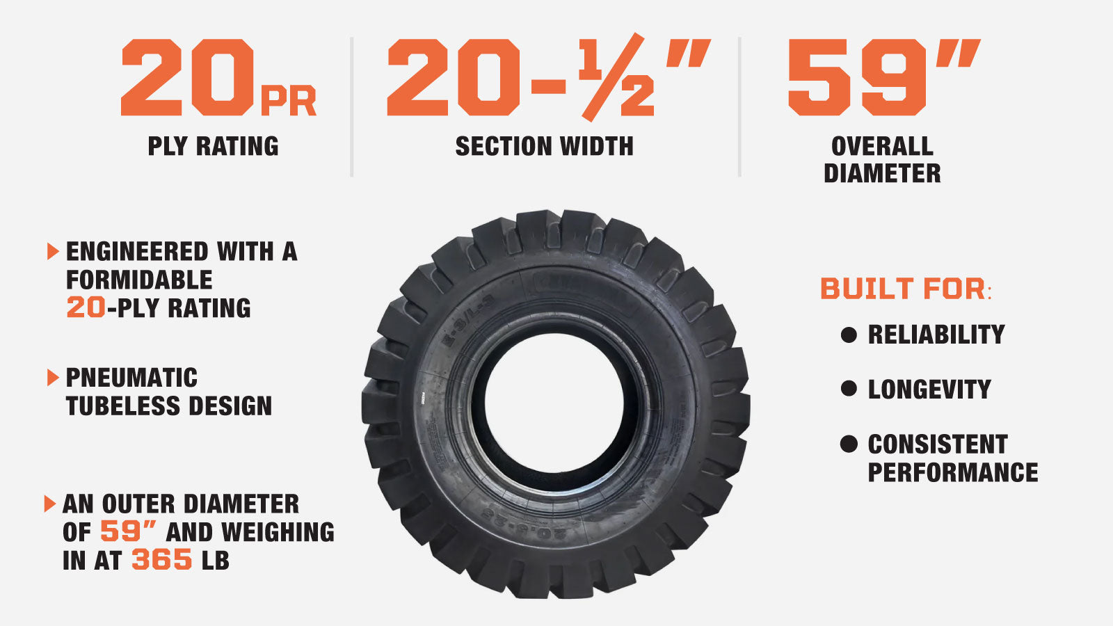 TMG Industrial 20-½” X 25” 20PR Wheel Loader Tire (E3/L3), Pneumatic Tubeless, 59” Outer Diameter, Wide Pattern Block Design, TMG-TR205-description-image