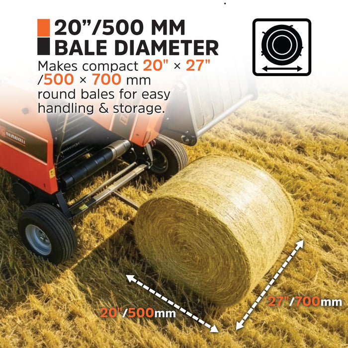 20" x 27" Round Hay Baler, Net Wrap, 3-Point Hitch, Category 1, PTO Shaft Included, 15-50 HP Tractor, TMG-TRB50N